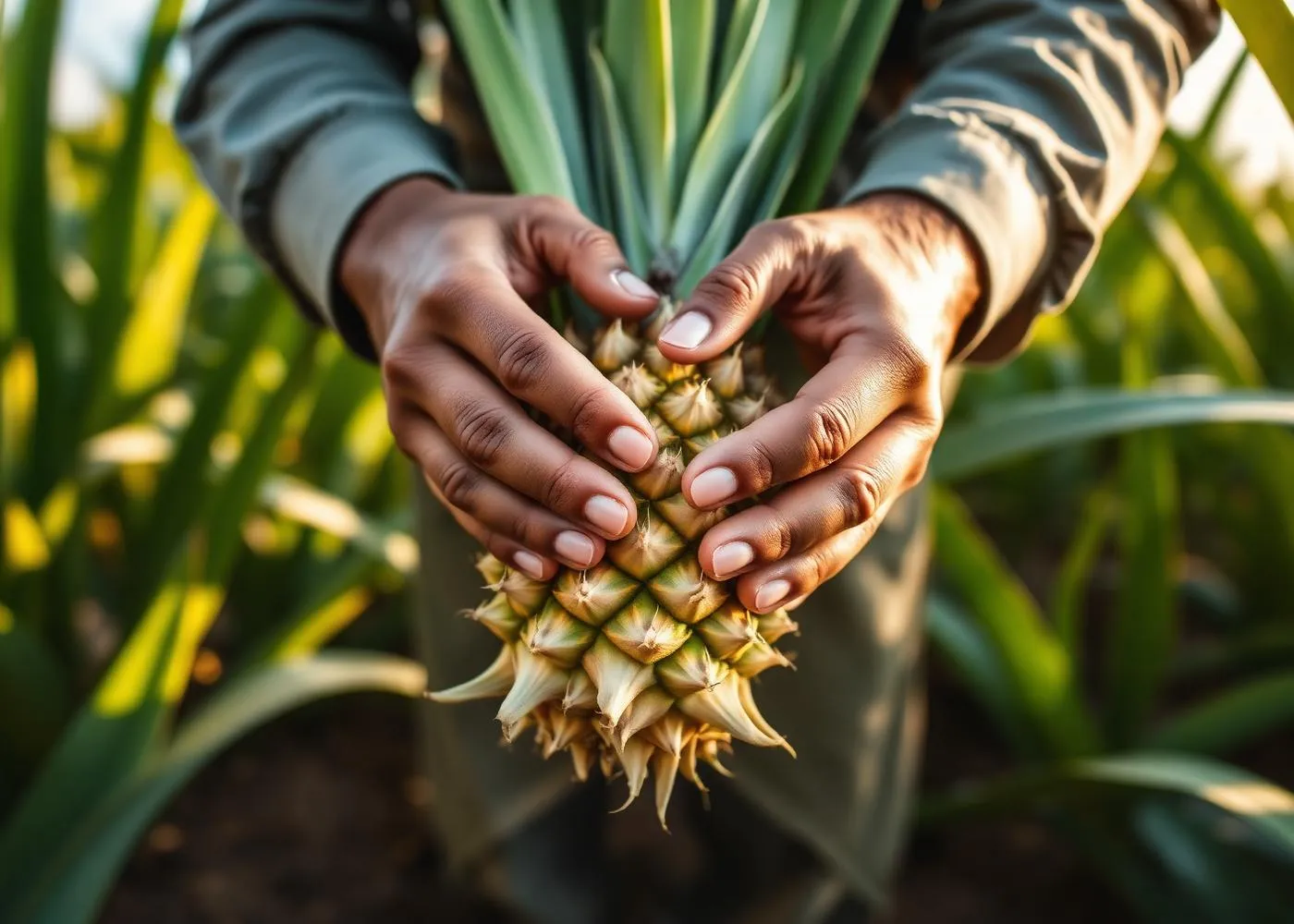 Farmer holding pineapple in field