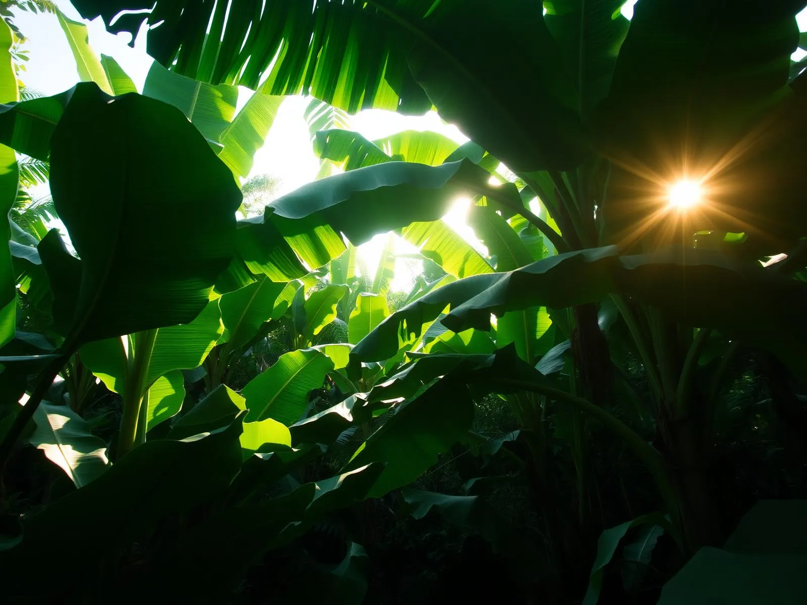 Sunlight filtering through banana leaves